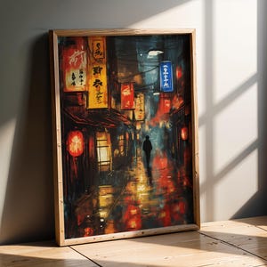 Arte de parede de rua Cyberpunk Tokyo Night - Impressão de paisagem urbana de neon melancólico - Decoração de cena urbana chuvosa - Estética de lanterna japonesa noir