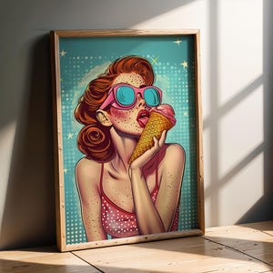 Impresión de chica con helado estilo pop retro / Arte mural vibrante de verano con gafas de sol y cono de waffle / Póster colorido estilo pin-up vintage