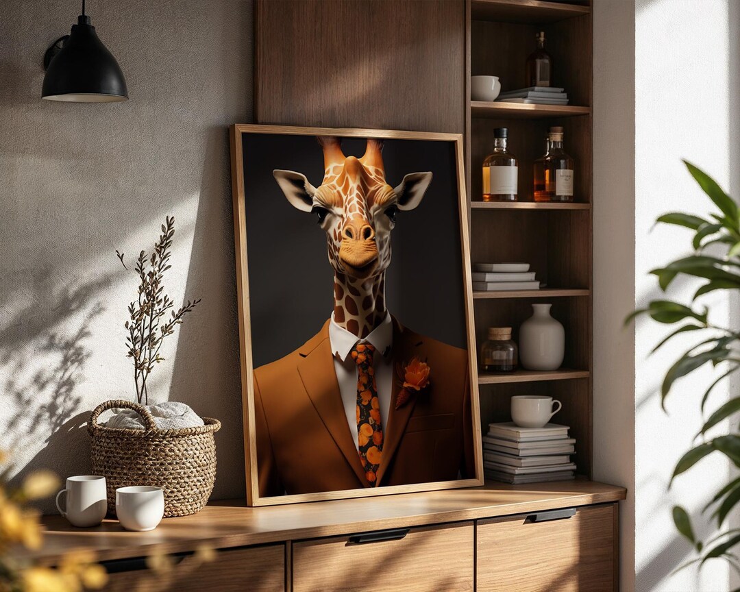 Giraffe Portrait Print | Burnt Orange Floral Suit, Modern Safari