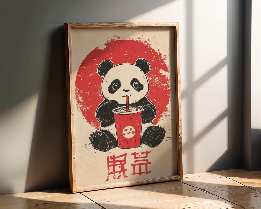 Panda Wall Art - Cute Japanese Style Panda Print - Red Sun Aesthetic ...