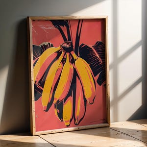 Bold Banana Pop Art Print | Vibrant Tropical Fruit Wall Decor | Modern Kitchen Art Poster with Retro Pink and Yellow Colour Palette