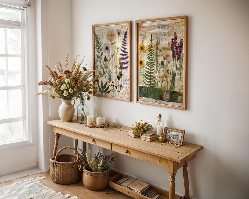 Two framed botanical prints hanging side by side on a white wall above a rustic wooden console table.