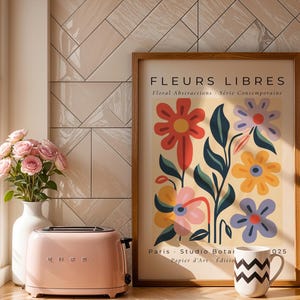 Colourful Contemporary Floral Art Print | Abstract Paris Flower Poster with Red, Lilac and Yellow Blooms | Kitchen Poster | Bedroom Gift