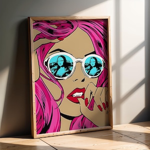 Pink Hair Pop Art | Mona Lisa Reflection Sunglasses | Modern Graffiti Street Art Print | Cool Aesthetic Art Decor | Roy Lichtenstein Style