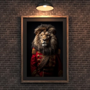 Lion in Red Regal Coat | Victorian Military Animal Art Print | Majestic Lion Portrait | Statement Safari Wall Decor