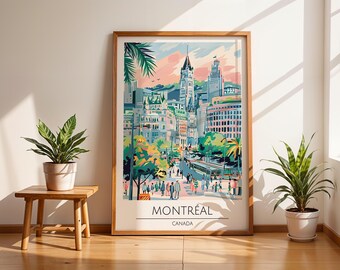 May include: A framed vertical art print featuring a colorful illustration of the Montreal cityscape with buildings, trees, and people walking on a street. The text MONTRÉAL and CANADA is printed in black at the bottom of the white-bordered poster.