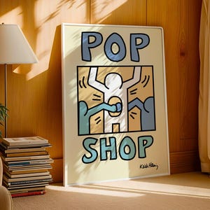 Keith Haring-Inspired Pop Shop Poster | Retro Street Art with Abstract Figures and Bold Pastel Colour Palette Wall Print | Retro Vibe