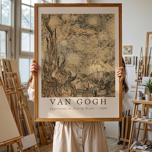 Van Gogh Zypressen in Sternennacht Poster - Vintage Kunst Poster, impressionistische Nachthimmel Wandkunst, klassische Landschaftsdekoration, museale Qualität