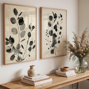 Set of 2 Monochrome Botanical Prints | Minimalist Black and White Leaf Art | Modern Nature Wall Decor | Elegant Foliage Set | Living Room