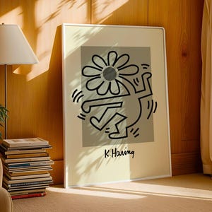 Impressão artística em preto e branco de Keith Haring – Figura de flor dançante – Pôster pop minimalista e ousado – Decoração com desenho urbano dos anos 80 | Vibe retrô