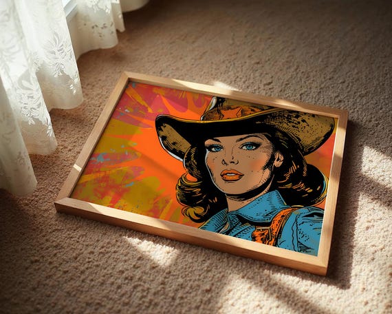 Vintage Cowgirl Pop Art Print, Western Star Hat Art, Retro Wall