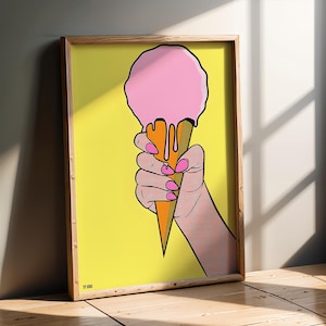 Impresión pop art de cono de helado rosa / Póster de pared estilo cómic retro con fondo amarillo intenso / Decoración de cocina de verano divertida y colorida