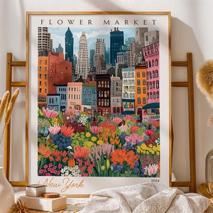 New York Flower Market Poster | Vintage NYC Travel Print | Colourful Botanical Wall Art | Manhattan Spring Summer Floral Cityscape Decor