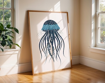 Impressão artística de água-viva azul, decoração de parede náutica de águas profundas
