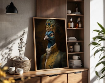 May include: A framed portrait print featuring a peacock with a blue head and neck, wearing an ornate gold crown and a formal teal jacket with gold embroidery and a white ruffled collar, set against a dark, textured, moody background.