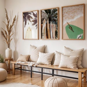 Surfboard and Beach Vibe Wall Art Set of 3 Prints, Summer Surf Photography Coastal Decor, Ocean Living Room, Beach Shack Art | Seaside Decor