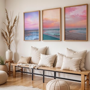 Pink Sunset Ocean Photography Wall Art Set of 3 Prints, Summer Beach Landscape Art, Tropical Coastal Decor for Living Room | Seaside Decor