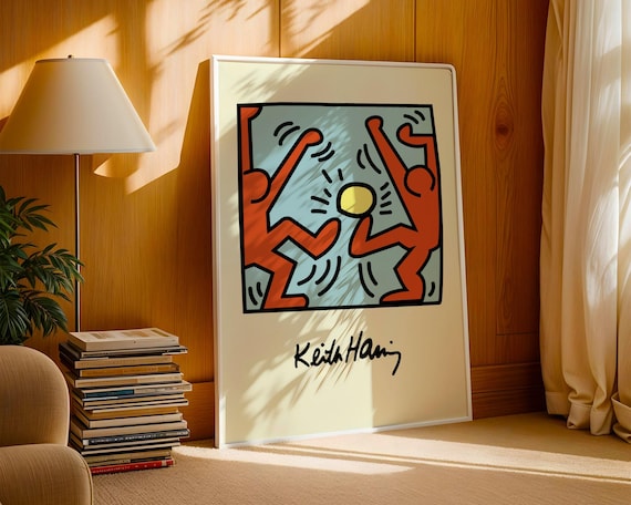 Orange Figures Playing Ball Keith Haring Style Print | Energetic