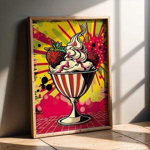 Pop Art Ice Cream Sundae Print | Vintage Comic Dessert Wall Art | Colourful Food Poster | Retro Kitchen Decor | Home Office | Bedroom Print