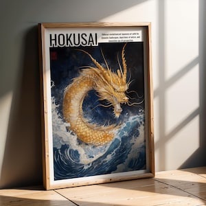 Japanese Dragon Wall Art - Hokusai Style Print - Mythical Beast Poster - Zen Oriental Decor - Vintage Samurai Ink Painting