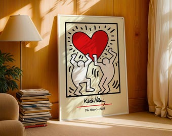 The Heart 1988 Keith Haring Inspired Print | Red Heart and Dancing Figures Retro Pop Art Poster in Cream and Black | Retro Vibe | Kitchen