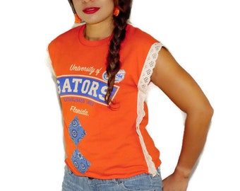 Gators crochet tank/crochet edging tee with 1970s patches tee/ one of a kind orange jersey cotton size small/Medium