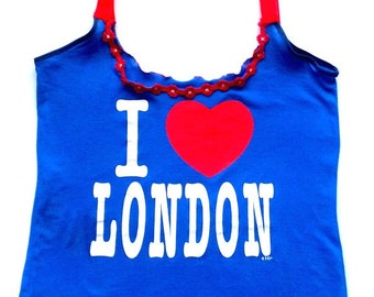 London cami/ I Love London top/ I heart London blue and red cotton tank/ one of a kind women's tank/fits size Small and Medium