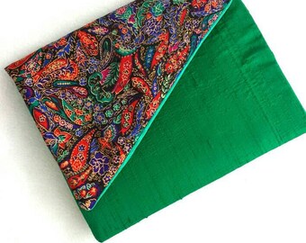 Upcycled fabric clutch- Silk shangtung and paisley satin poly