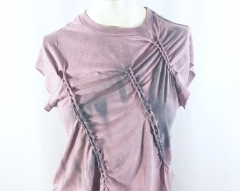 Lavender and gray slashed braided/ lavender clouds tee/ bleached out tshirt / soft cotton size S/M