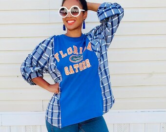 Florida Gators Tee and plaid shirt hybrid boyfriend shirt, blue white and orange -one size fits Small to XL