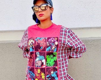 Super heroes tee and plaid hybrid boyfriend shirt, multi color graphic, red and blue, fits sizes Small through XL