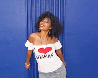 I Love Bahamas off the shoulder top/ cold shoulder/ one of a kind soft white jersey cotton/ Size Small