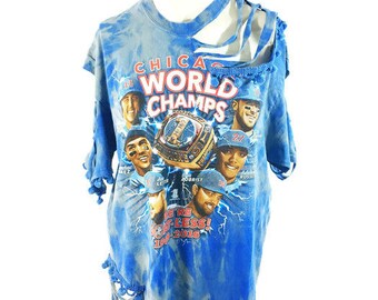 Chicago cubs women's distressed and bleached out/Cubs/Baseball / world champs/ one of a kind w pom poms blue tee one size fits all