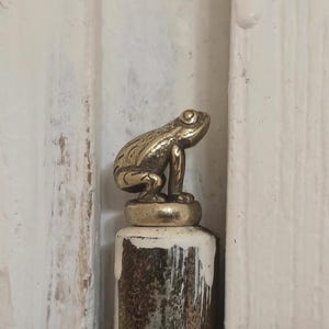 Pode incluir: Um tampão de garrafa decorativo com uma figura de rã de latão. A rã está sentada em cima de um tampão cilíndrico com um acabamento metálico envelhecido. O fundo é uma superfície branca texturizada.