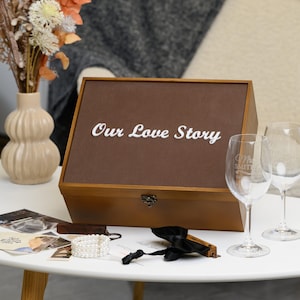 Personalized Anniversary Keepsake Box – Custom Engraved Wedding Memory Box, Elegant Fabric and Acrylic Love Story Box