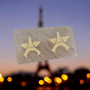 Peut inclure: Une paire de boucles d'oreilles à clous dorées, chacune présentant un design stylisé combinant une étoile à cinq branches et la silhouette de la tour Eiffel. Les boucles d'oreilles ont une finition lisse et polie sur un support rectangulaire.
