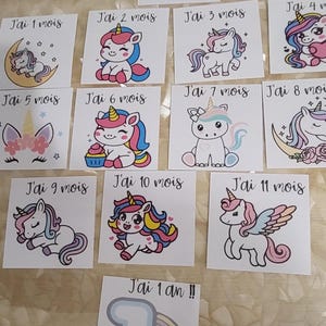 Set de 12 Cartes Étape Bébé – De la Naissance à 1 An – Thème Licorne