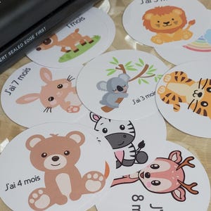 Set de 12 Cartes Étape Bébé – De la Naissance à 1 An – Thème animaux avec Pochette Cartonnée