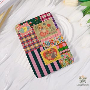 May include: A rectangular, patchwork-style decorative item with various patterns and vintage-style illustrations. The design includes plaid, floral, and striped sections, with heart and floral motifs. The item features the text "I love you" and "Can you be my Valentine?"