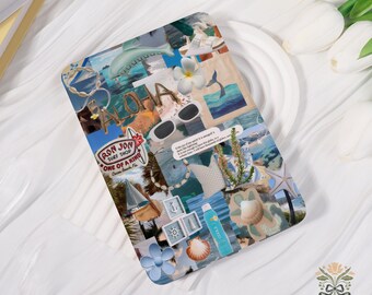 May include: A decorative phone case featuring a collage of beach-themed images. The design includes sunglasses, seashells, a sailboat, and the text "ALOHA" and "RON JON SURF SHOP". The case has a glossy finish and a variety of blue and white elements.