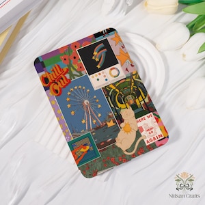 Pode incluir: Capa de telefone retangular com um design de colagem colorido. O design inclui uma roda gigante, um gato segurando um sol e as palavras "Chill Out" e "Here We Go Again". A capa tem uma borda arredondada.