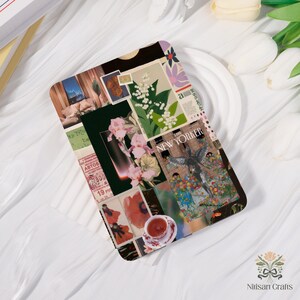 May include: A rectangular decorative tray with a collage design. The collage includes images of flowers, magazine covers, and vintage ephemera. The tray has a glossy finish and a rounded edge. The color palette includes shades of green, pink, and beige.