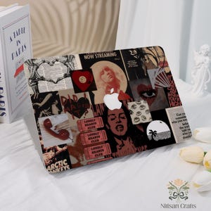 May include: A laptop case featuring a collage design with a variety of images and text. The design includes a portrait of a singer, hearts, and the text "LONELY HEARTS CLUB". The case has a white Apple logo and is set against a white background.