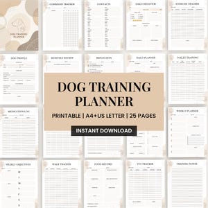 Puede incluir: Un planificador imprimible de entrenamiento canino con 25 páginas, con secciones para el seguimiento de comandos, el comportamiento diario y los objetivos semanales. El planificador incluye un perfil del perro, un registro de medicamentos y un registro de alimentos.