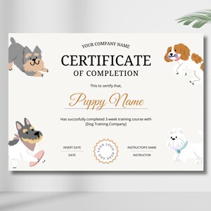 Zertifikatsvorlage für das Hundewelpen-Training, bearbeitbar in Canva, druckbarer Sofort-Download, anpassbare Auszeichnung für Training und Anerkennung