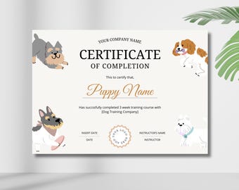 Dog Training Certificate Template, Editable in Canva, Printable Instant Download, Customizable Award for Recognition
