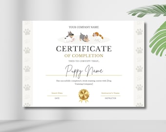 Dog Puppy Training Certificate Template – Editable in Canva, Course Completion, Printable DIY Award