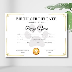 Sjabloon geboorteakte hond puppy – bewerkbaar in canvas, afdrukbaar huisdiercertificaat, aanpasbaar, direct downloaden