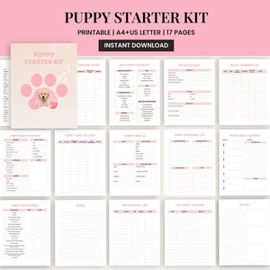 Op de afbeelding: Een roze en witte afdrukbare puppy starter kit met 17 pagina's. De kit bevat een puppy checklist, voedingsschema en trainingslogboek. De omslag toont een pootafdruk en een puppy.