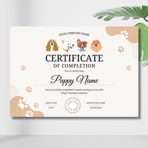 Hundeschulungs-Zertifikatsvorlage, bearbeitbar in Canva, druckbarer Sofort-Download, anpassbarer Preis für Anerkennung